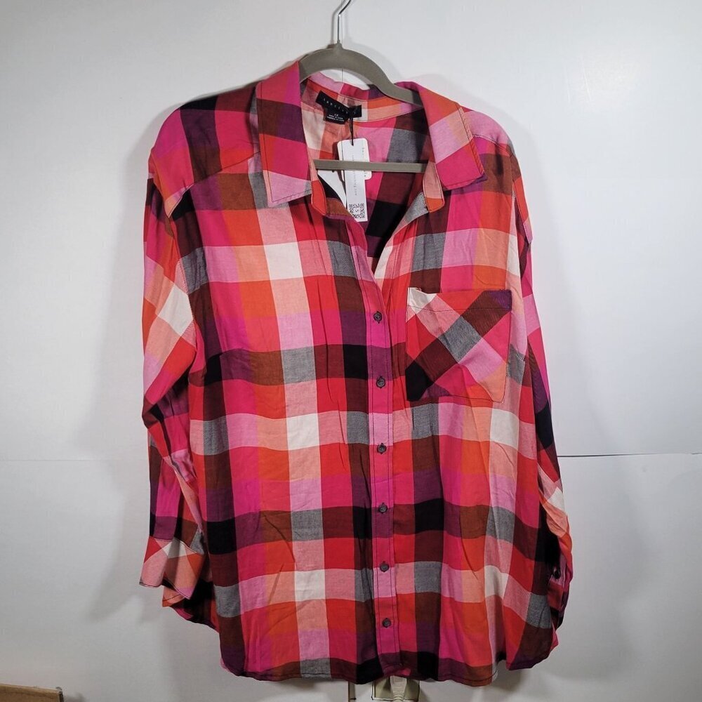 Sanctuary Women Plaid Pink/Red Cotton Blend Long Sleeve Button-Up Shirt Size 1X